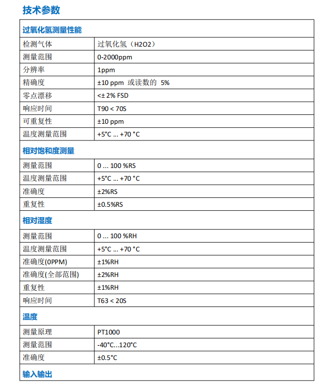 FHP100过氧化氢浓度、温度和湿度探头技术参数